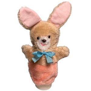 Vintage Plush Bunny Rabbit Hand Puppet 11" Brown Pink Cute Quirky Pretend Play